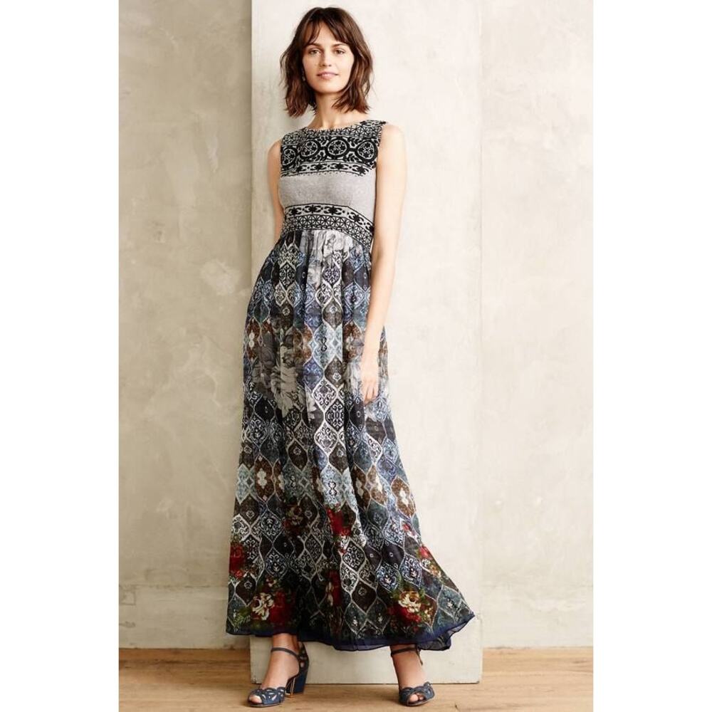 Hemant & Nandita Frost Cover Maxi Dress Grey Blue Embellished Floral Size Medium